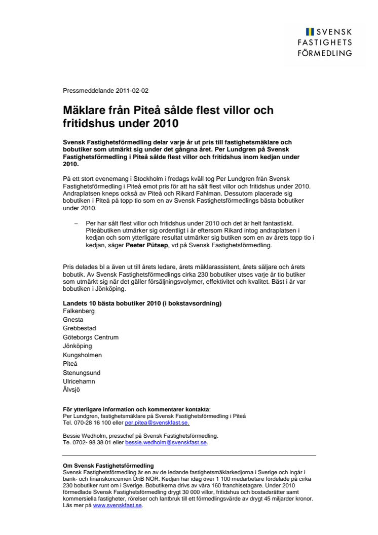 Mäklare från Piteå sålde flest villor och fritidshus under 2010