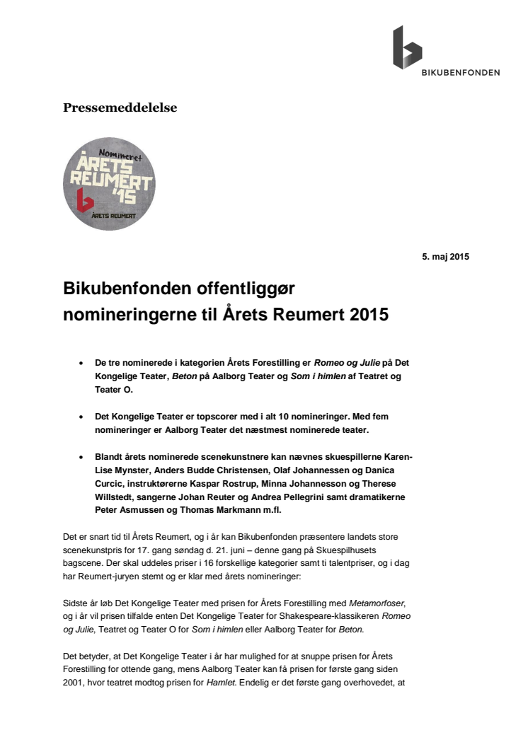 Bikubenfonden offentliggør nomineringerne til Årets Reumert 2015