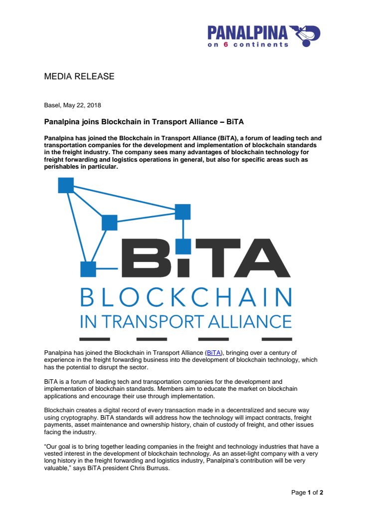 Panalpina joins Blockchain in Transport Alliance – BiTA