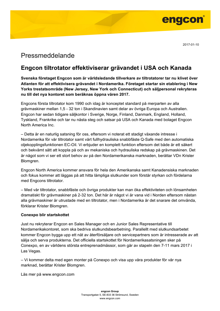 Engcon tiltrotator effektiviserar grävandet i USA och Kanada