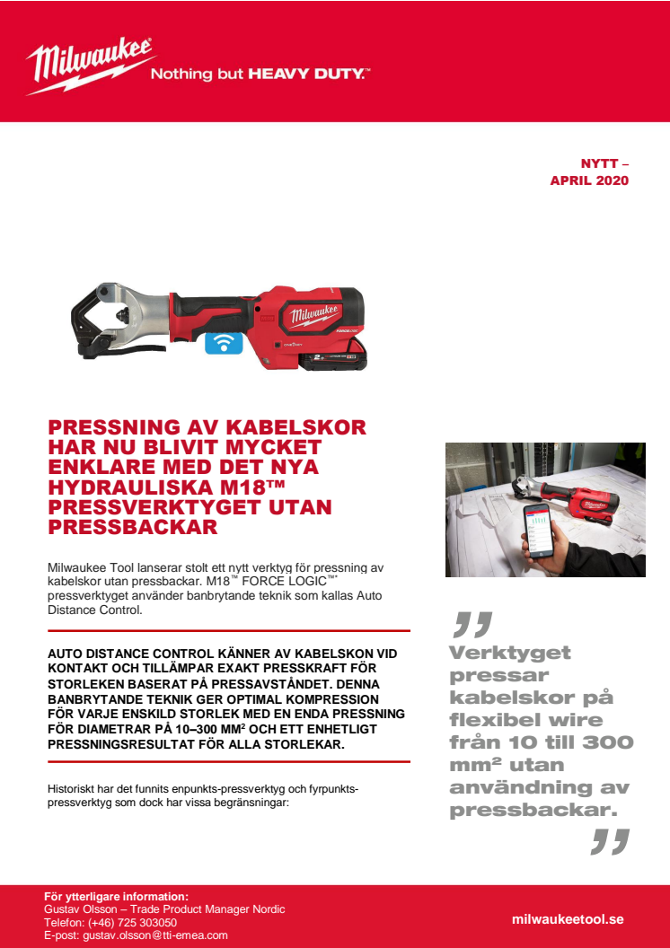 NYTT HYDRAULISKT M18™ PRESSVERKTYG UTAN PRESSBACKAR