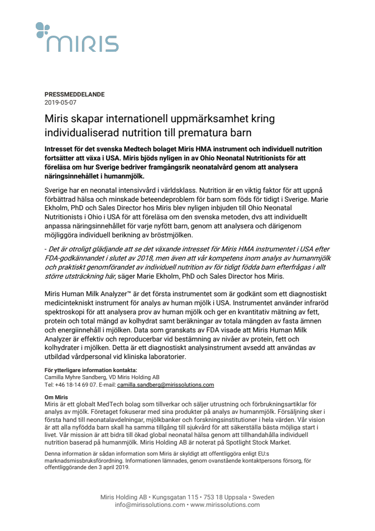 Miris skapar internationell uppmärksamhet kring individualiserad nutrition till prematura barn