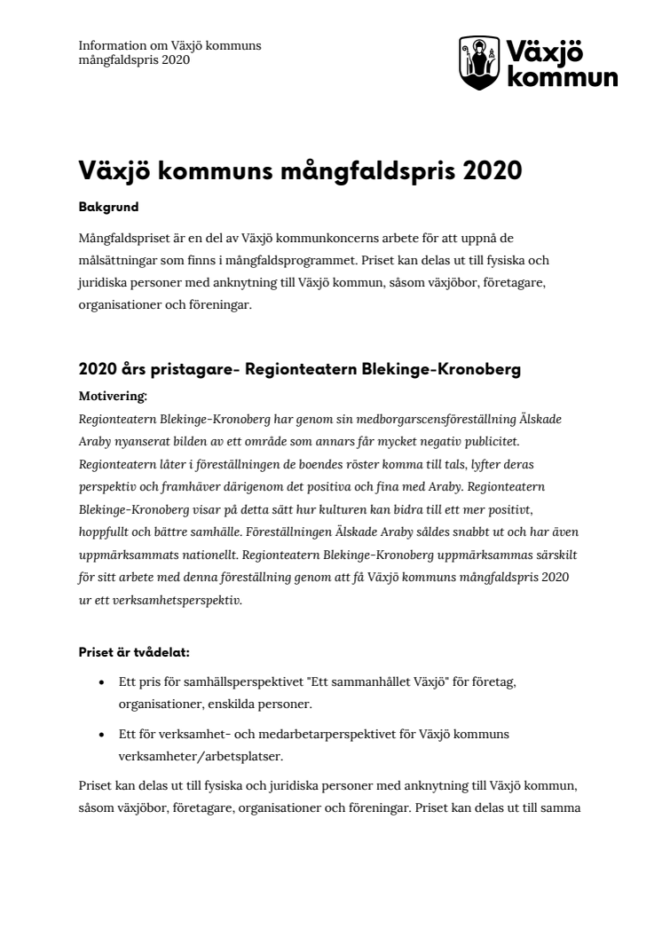 Bakgrund och nomineringar- mångfaldspris 2020