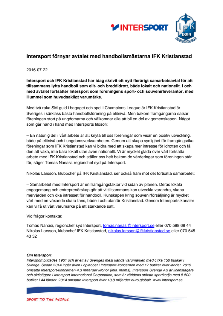 Intersport förnyar avtalet med handbollsmästarna IFK Kristianstad