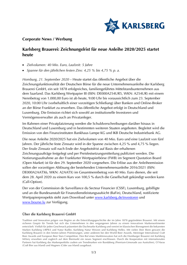 Karlsberg Brauerei: Zeichnungsfrist für neue Anleihe 2020/2025 startet heute