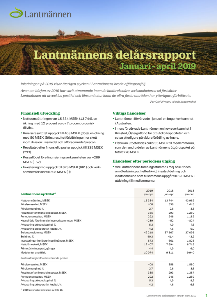 Lantmännens delårsrapport januari - april 2019