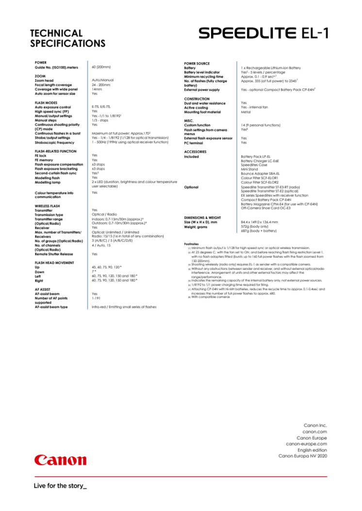 Canon Teknisk Specifikation Speedlite EL-1