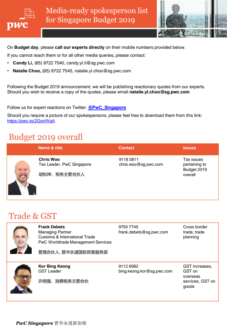 PwC's Budget 2019 Media Spokespersons List