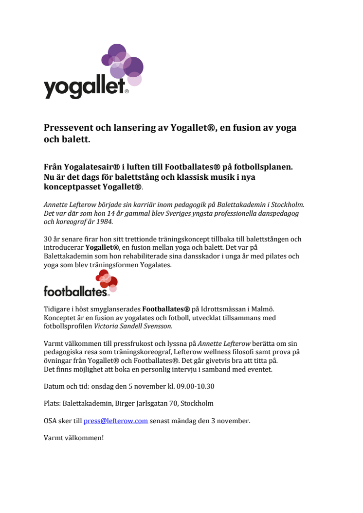Pressevent och lansering av Yogallet®, en fusion av yoga och balett.