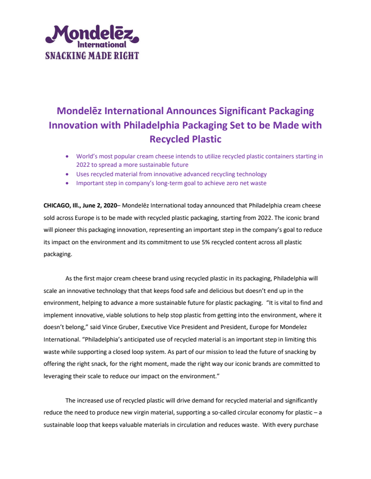 Mondelēz International Announces Significant Packaging Innovation with Philadelphia Packaging Set to be Made with Recycled Plastic.