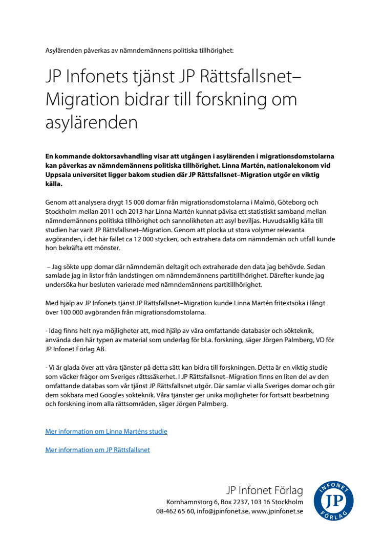 JP Infonets tjänst JP Rättsfallsnet–Migration bidrar till forskning om asylärenden