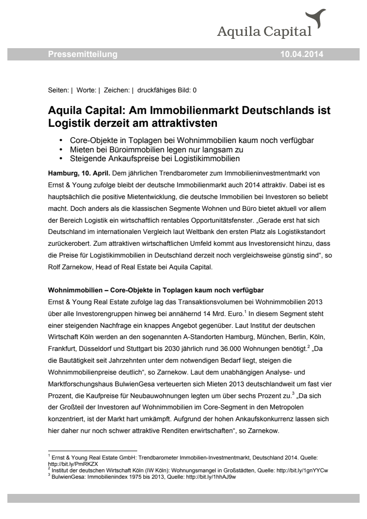 Aquila Capital: Am Immobilienmarkt Deutschlands ist Logistik derzeit am attraktivsten  