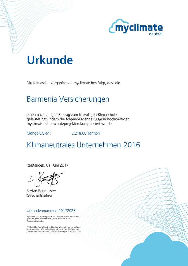 Barmenia-Urkunde "Klimaneutrale Hauptverwaltungen 2016" von myclimate