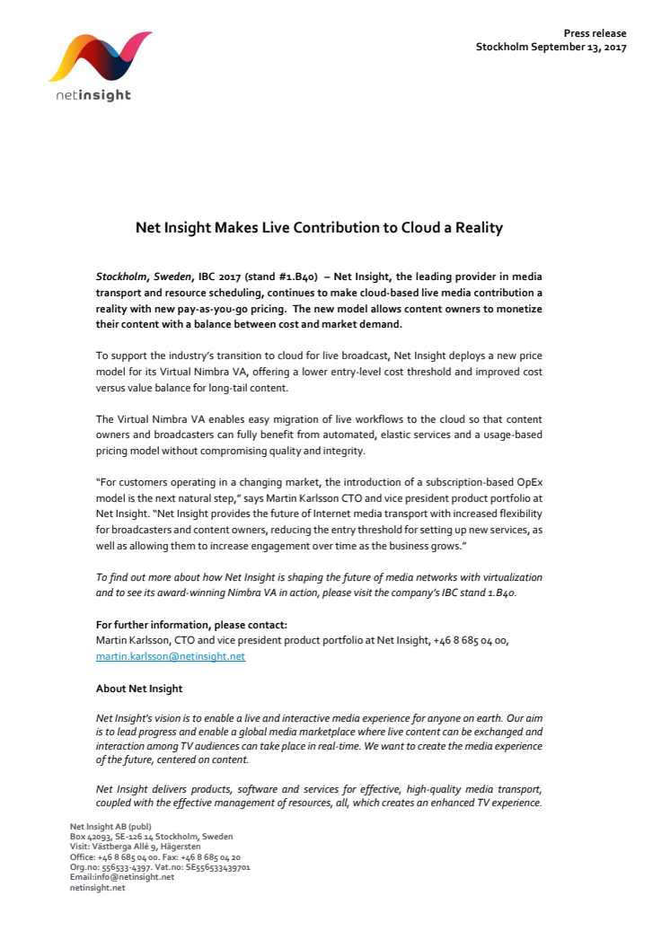 Net Insight makes Live contribution to cloud a reality 