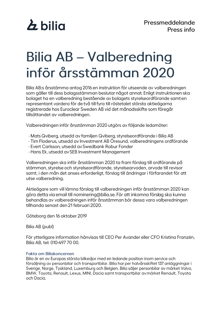 Bilia AB – Valberedning inför årsstämman 2020
