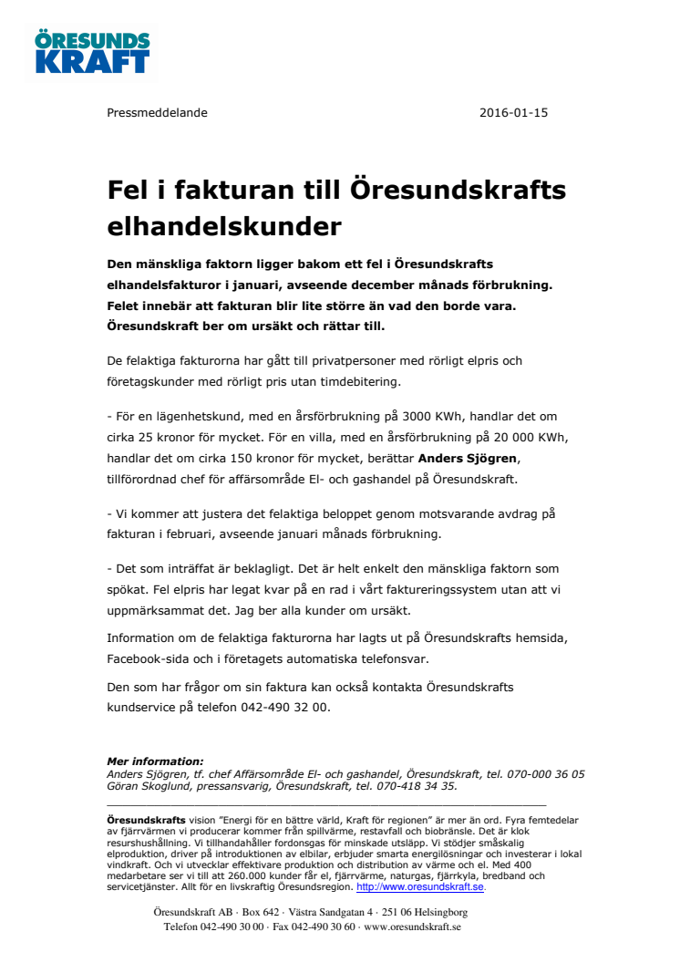 Fel i fakturan till Öresundskrafts elhandelskunder