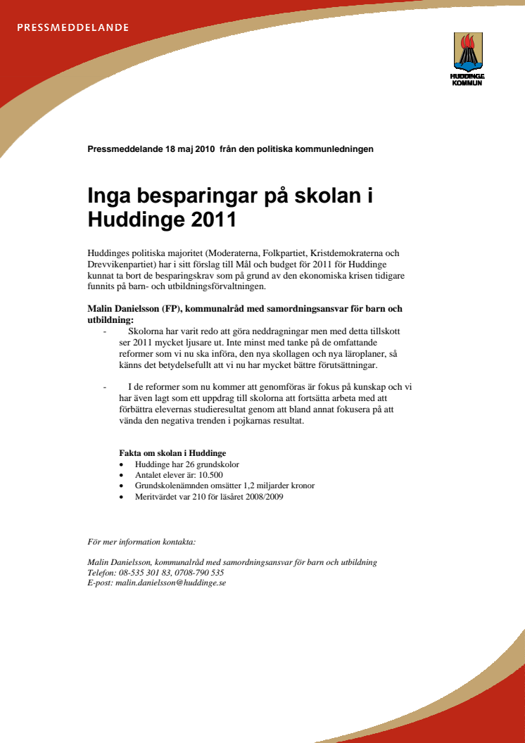 Inga besparingar på skolan i Huddinge 2011