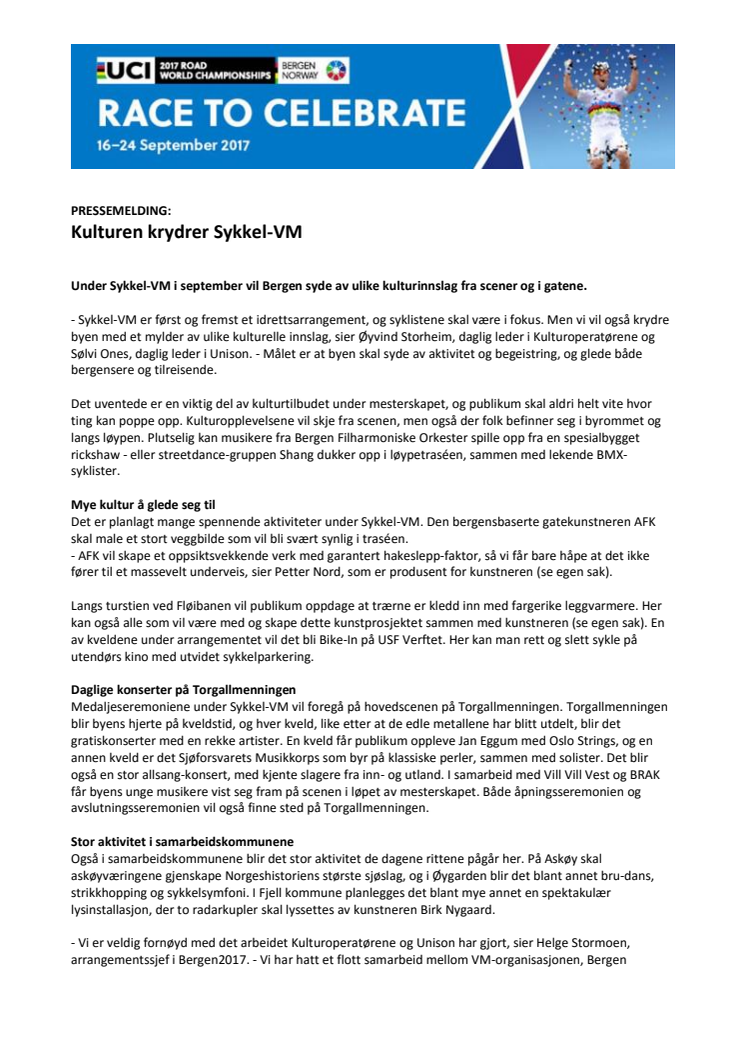 Pressemelding: Kulturen skal krydre Sykkel-VM i Bergen