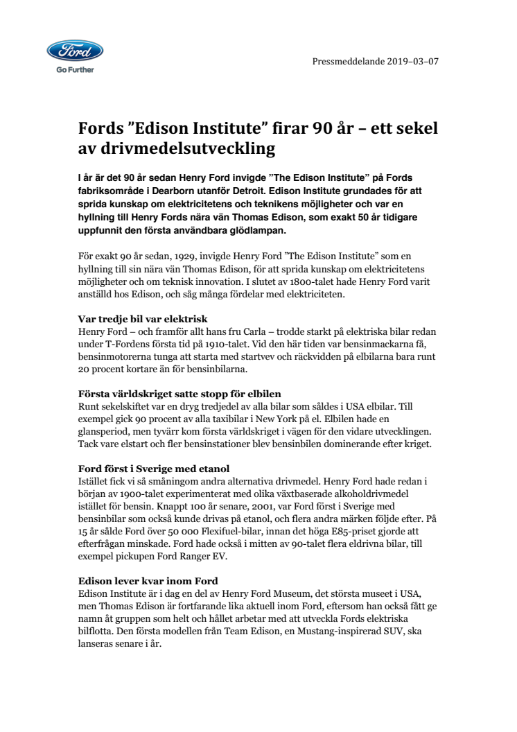 Fords ”Edison Institute” firar 90 år – ett sekel av drivmedelsutveckling