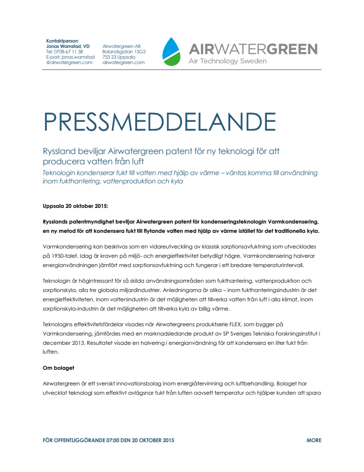 RYSSLAND BEVILJAR AIRWATERGREEN PATENT FÖR NY TEKNOLOGI FÖR ATT PRODUCERA VATTEN FRÅN LUFT