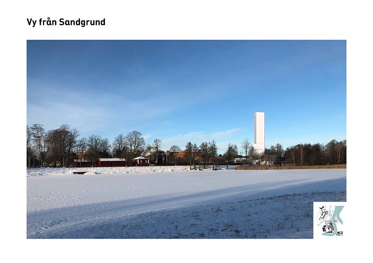 Bildmontage av vy över höghuset från Sandgrundsparken