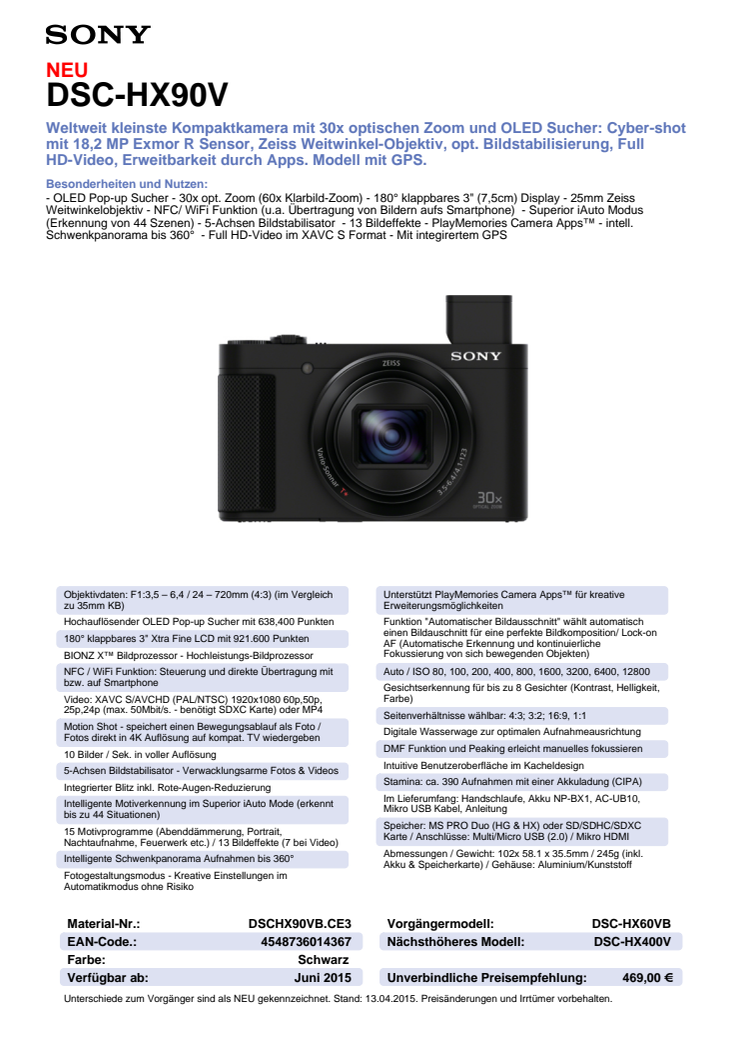 Datenblatt DSC-HX90V von Sony