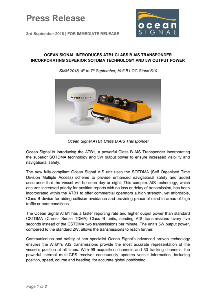 Ocean Signal Introduces ATB1 Class B AIS Transponder