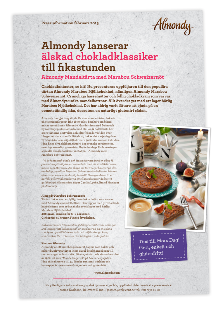 Almondy lanserar älskad chokladklassiker till fikastunden - Mandeltårta med Marabou Schweizernöt