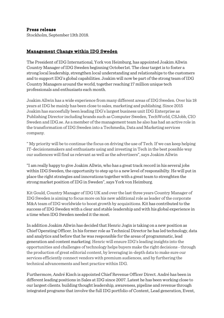 Management Change within IDG Sweden