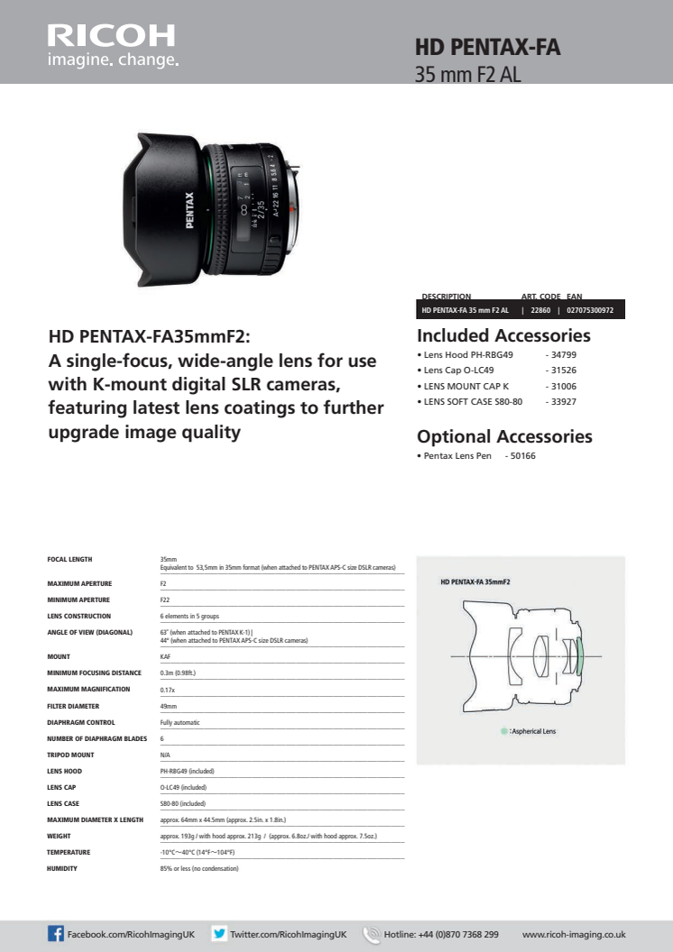 Pentax FA 35mm f/2 Specsheet