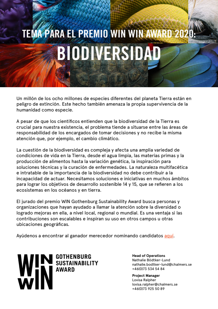 Tema para el premio WIN WIN Award 2020: Biodiversidad