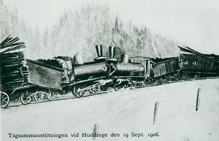 Tågsammanstöttningen vid Huddinge, 1908, tecknad bild