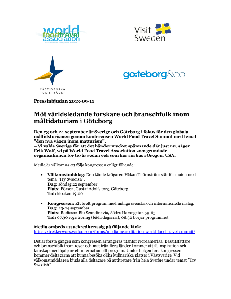Pressinbjudan: Möt världsledande forskare och branschfolk inom måltidsturism i Göteborg