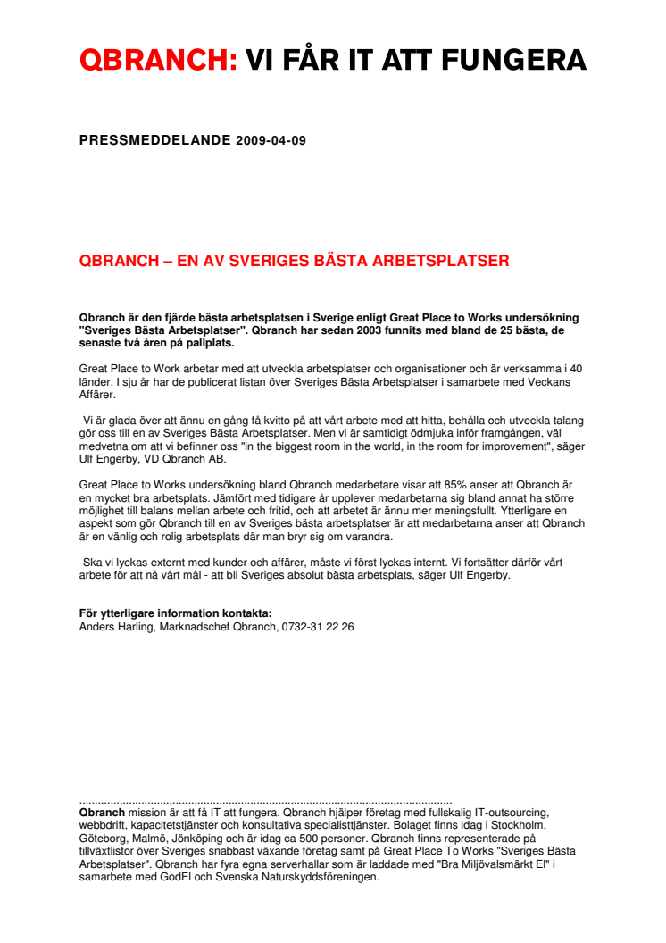 QBRANCH - EN AV SVERIGES BÄSTA ARBETSPLATSER