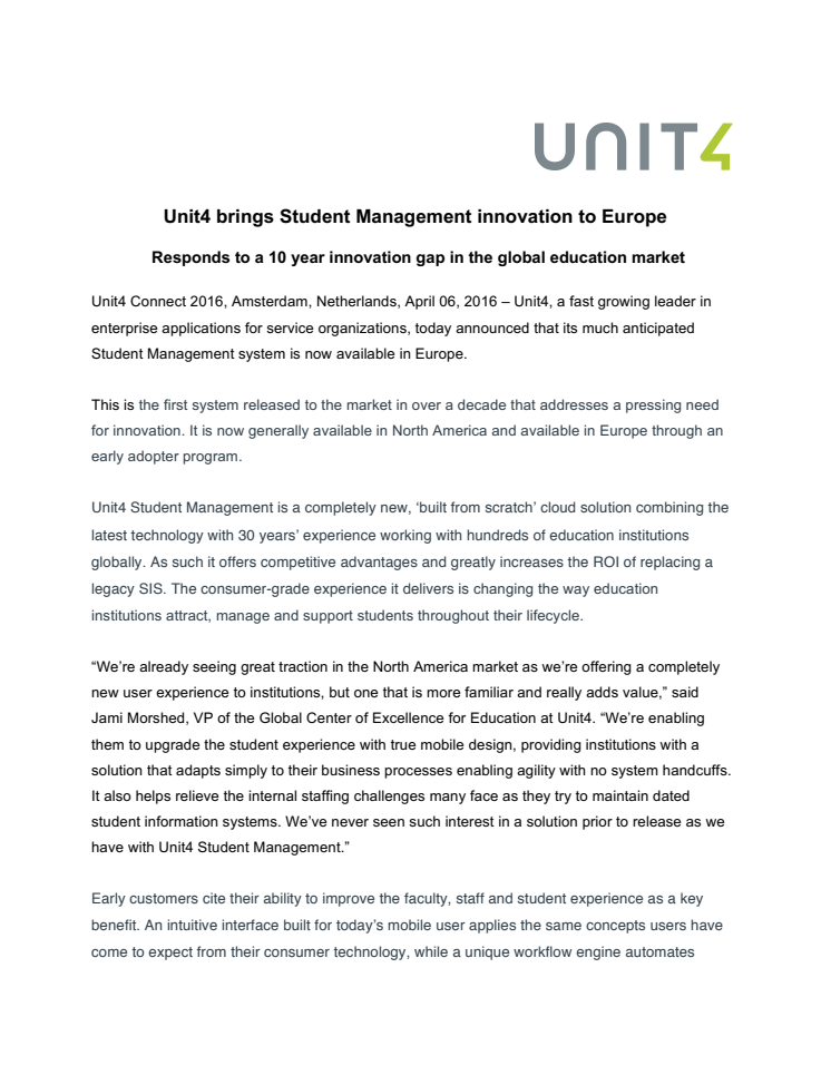 Unit4 rullar ut affärslösning för utbildningssektorn i Europa
