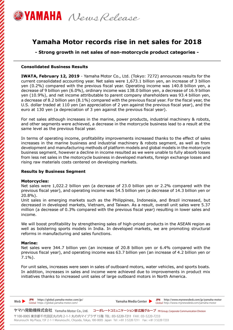 Yamaha Motor records rise in net sales for 2018　- Strong growth in net sales of non-motorcycle product categories -