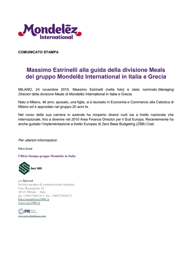 Massimo Estrinelli alla guida della divisione Meals del gruppo Mondelēz International in Italia e Grecia