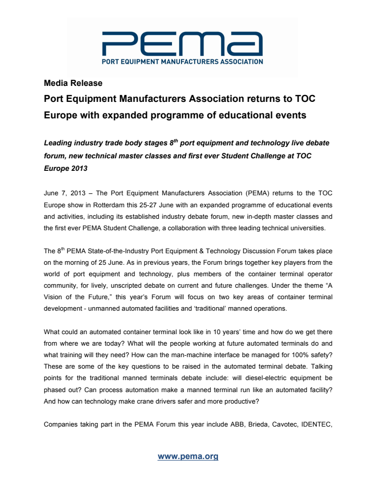 Port Equipment Manufacturers Association returns to TOC Europe with expanded programme of educational events