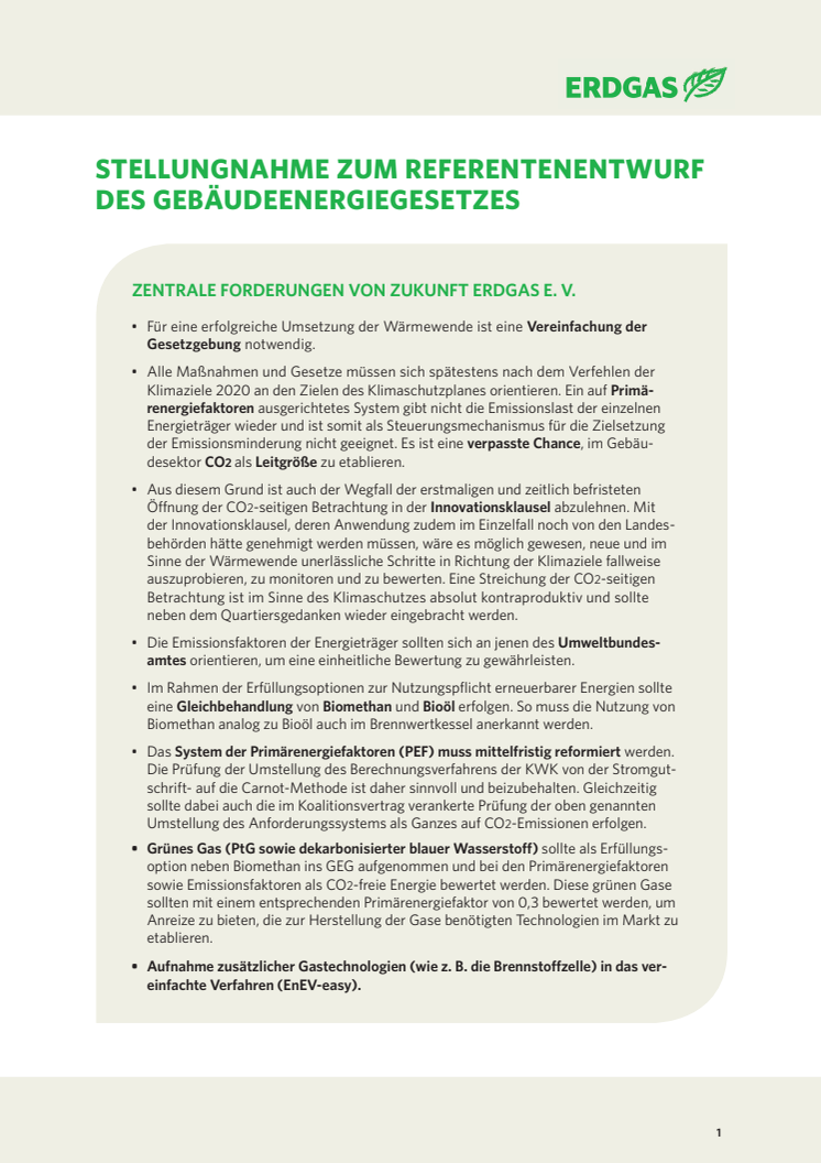 Stellungnahme zum Referentenentwurf des Gebäudeenergiegesetzes