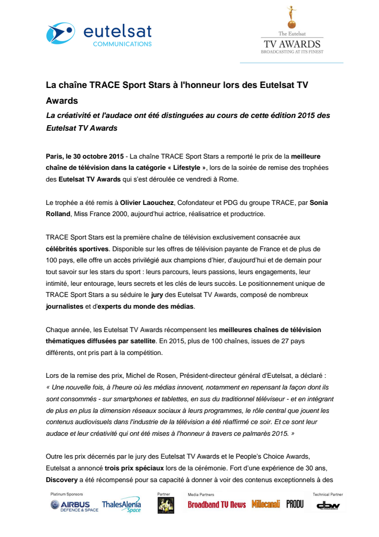 La chaîne TRACE Sport Stars à l'honneur lors des Eutelsat TV Awards