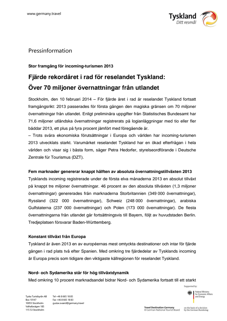 Fjärde rekordåret i rad för reselandet Tyskland - över 70 miljoner övernattningar från utlandet