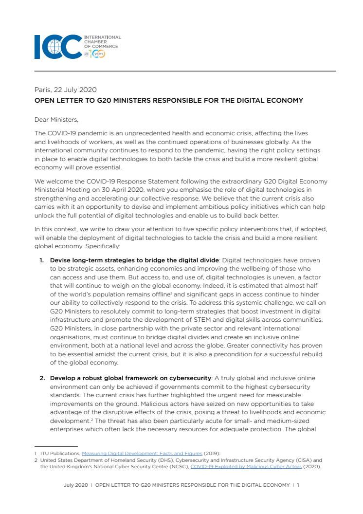 Open letter to G20 finance ministers responsible for the digital economy