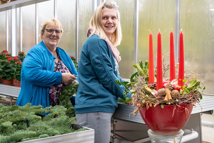 Kranz um Kranz binden Stefanie Schrimpf (rechts) und Sabine Schäfer in diesen Tagen. Gemeinsam mit ihren Kollegen bereiten sie die Adventsausstellung in der Hephata-Gärtnerei am Samstag, 23. November, vor. 