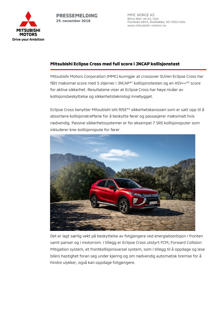 Mitsubishi Eclipse Cross med full score i JNCAP kollisjonstest