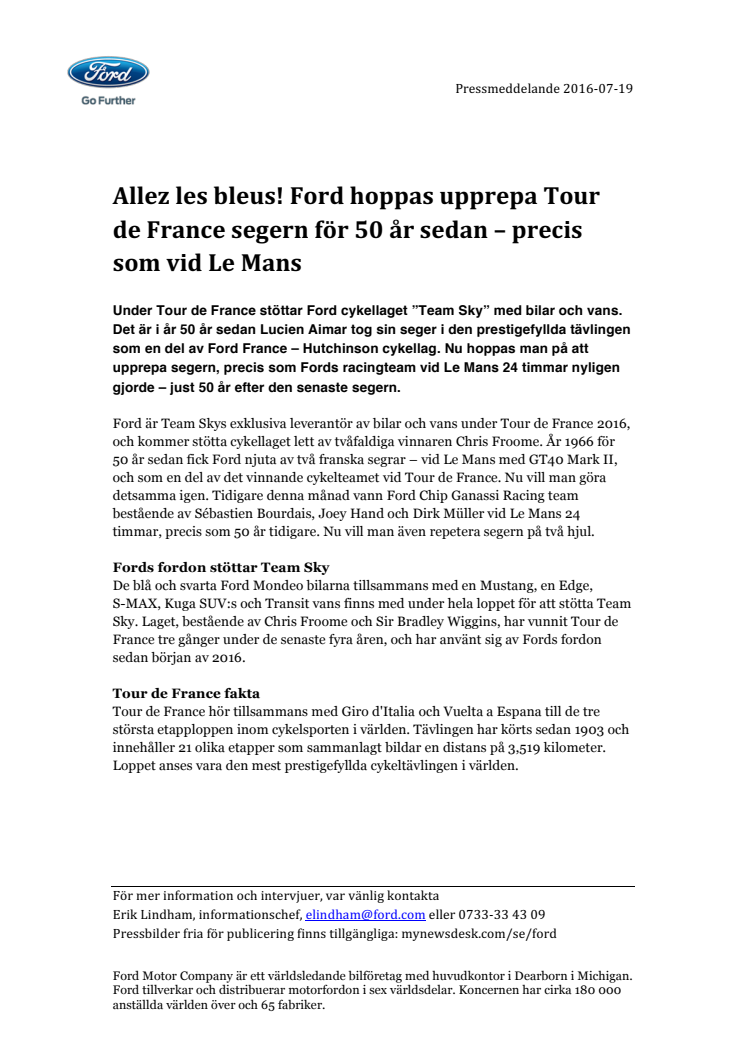 Allez les bleus! Ford hoppas upprepa Tour de France segern för 50 år sedan – precis som vid Le Mans