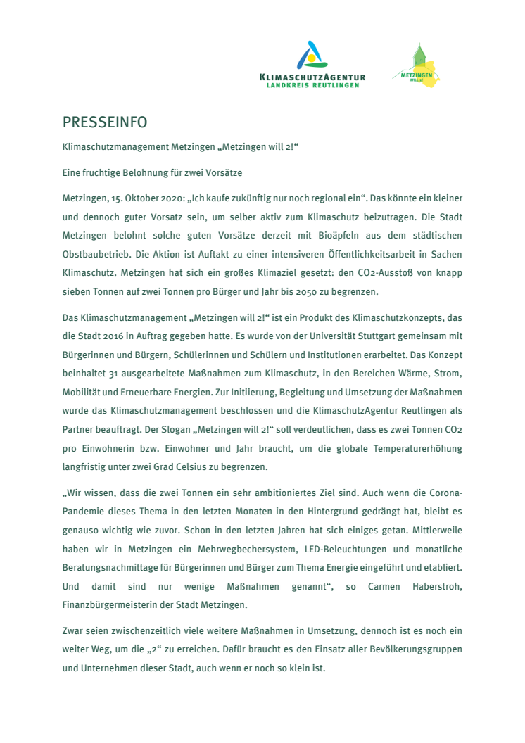 ​Klimaschutzmanagement Metzingen „Metzingen will 2!“ - Eine fruchtige Belohnung für zwei Vorsätze 