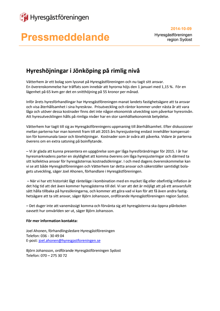 Hyreshöjningar i Jönköping på rimlig nivå