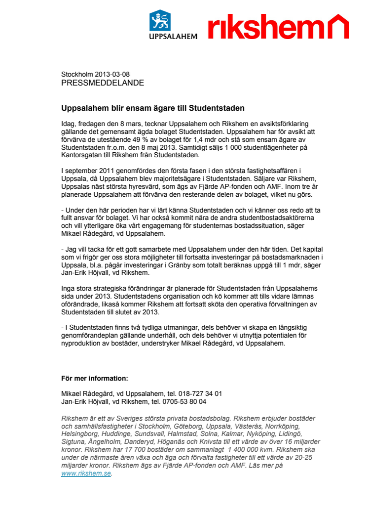Uppsalahem blir ensam ägare till Studentstaden