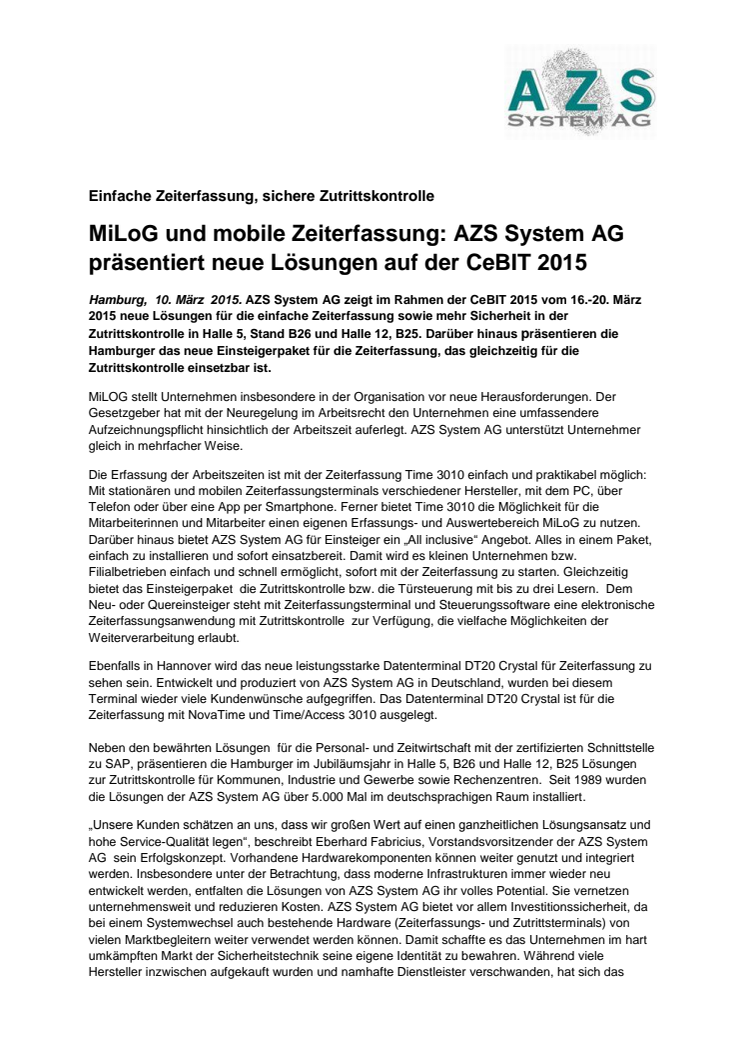 MiLoG und mobile Zeiterfassung: AZS System AG präsentiert neue Lösungen auf der CeBIT 2015