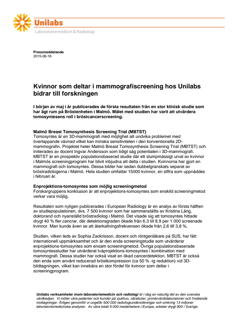 Kvinnor som deltar i mammografiscreening hos Unilabs bidrar till forskningen